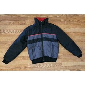 Vtg 80s Men winter Ski Jacket Sz L Cropped Fit Colorblock Gray Black streetwear